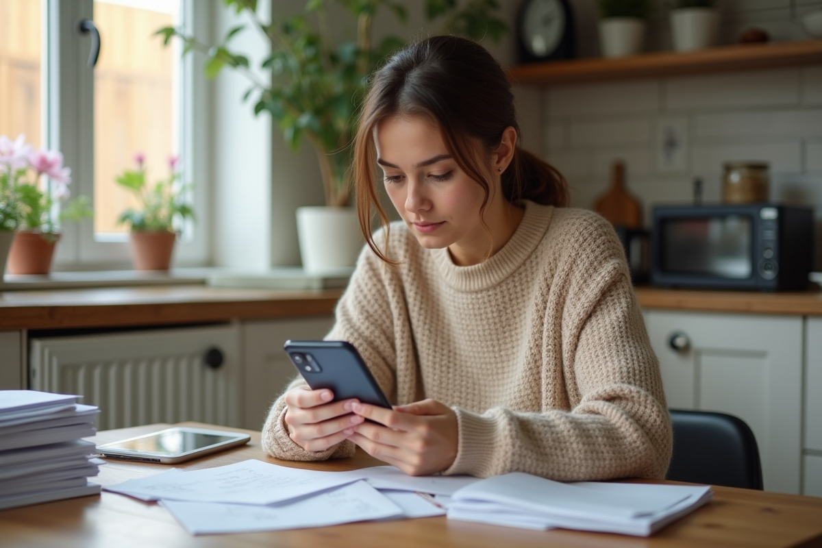 Jeune femme vérifiant ses reçus dans une cuisine moderne