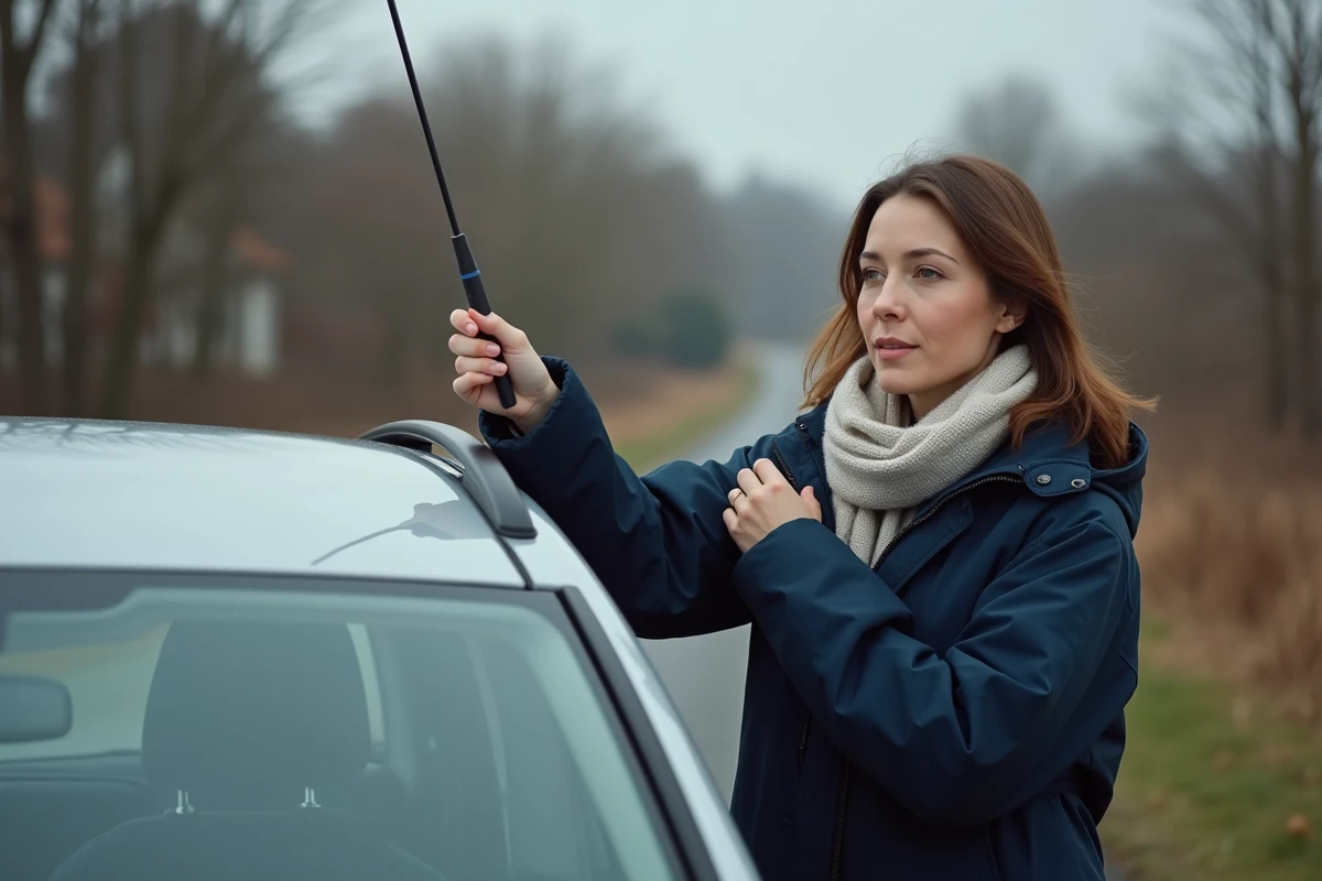 Femme regardant l horizon près de sa voiture stationnée