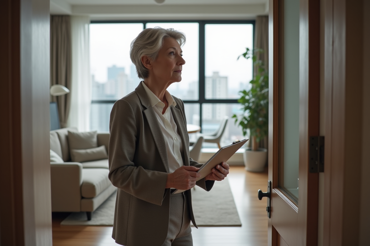 Femme inspectant un appartement moderne avec un clipboard