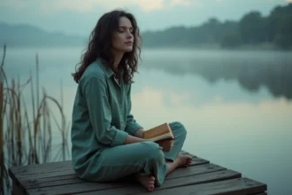 Femme introspective assise au bord d'un lac tenant un journal, illustrant la sensibilité et l'intuition du signe astrologique du 12 juillet Cancer