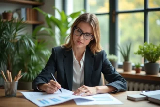 Femme en costume d'affaires examine des rapports d'investissement durable