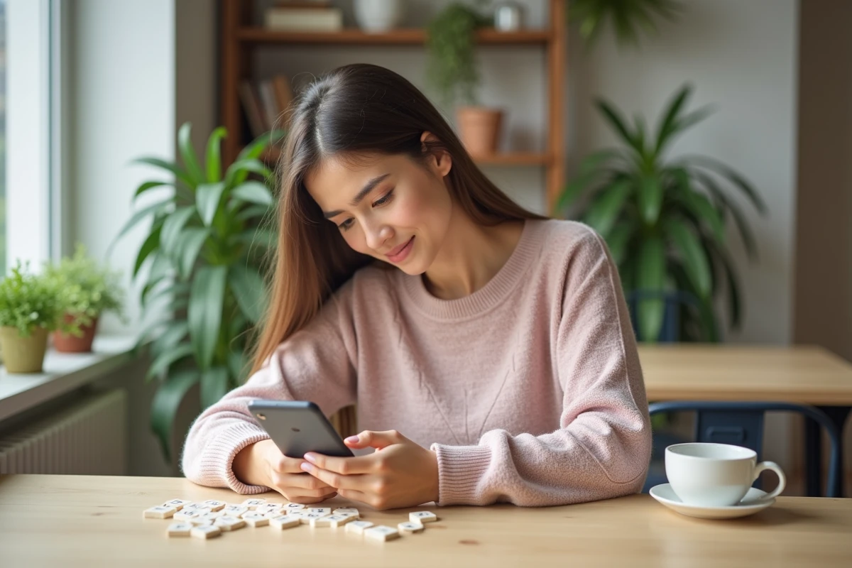Jeune femme concentrée jouant à un jeu de mots sur son smartphone