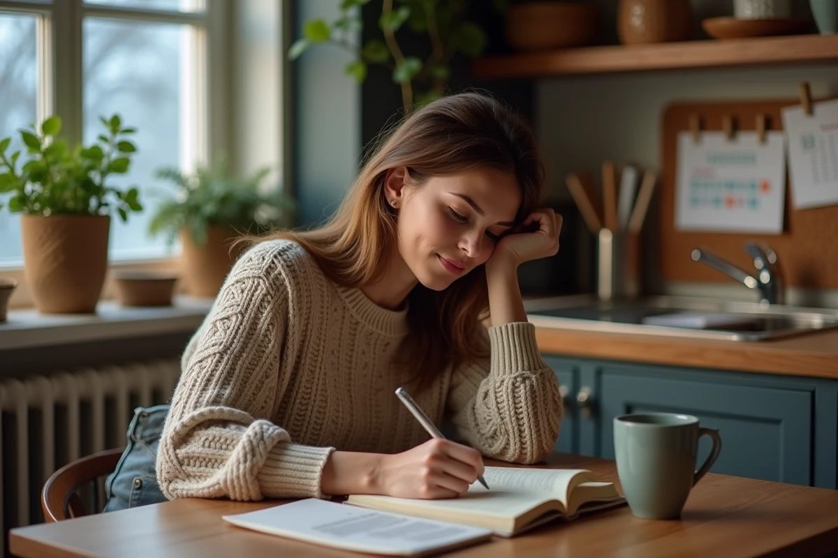 Femme écrivant dans un journal lunaire dans la cuisine chaleureuse