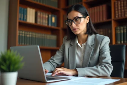 Femme juriste lisant des documents sur les droits d'auteur liés à Kaliscan à son bureau