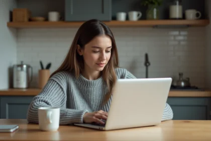 Jeune femme faisant un paiement en ligne dans sa cuisine