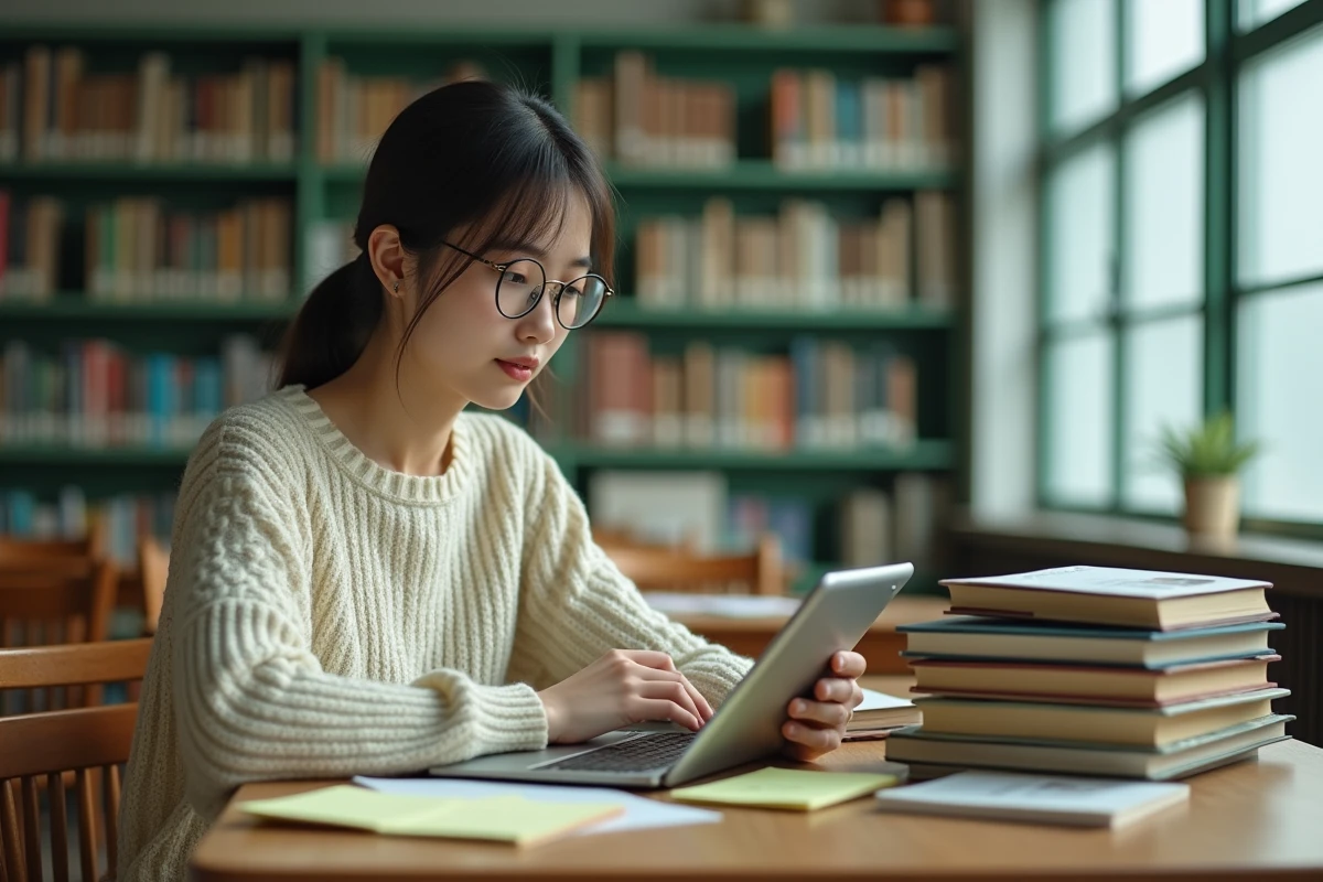 Jeune femme rattrapant son retard sur One Piece via un scan en ligne dans une bibliothèque