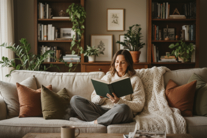 Femme lisant un livre dans un salon chaleureux