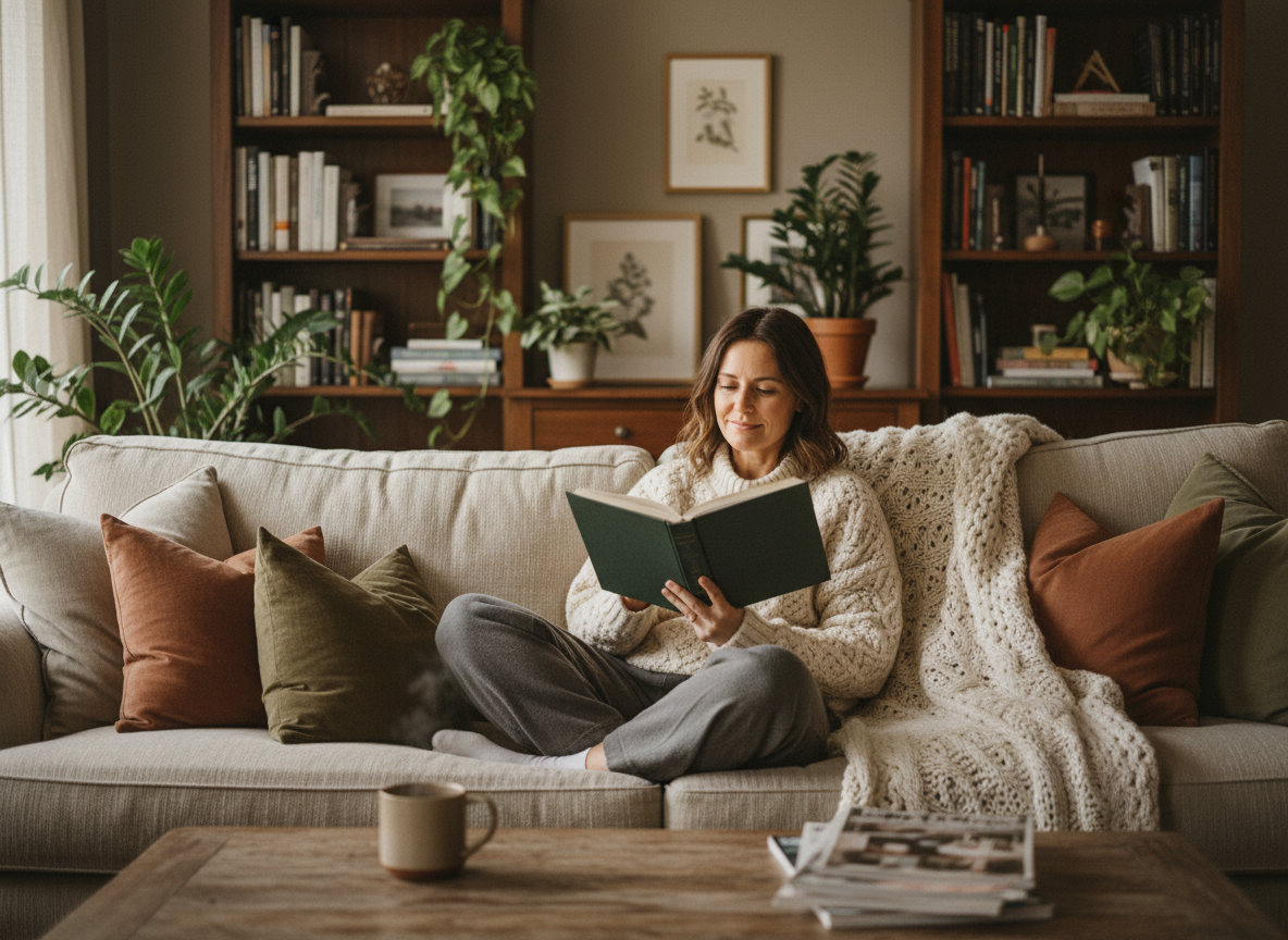Femme lisant un livre dans un salon chaleureux