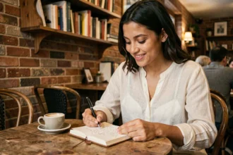 Jeune femme hispanique écrivant un message d'amour en espagnol dans un café rustique