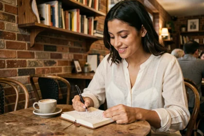 Jeune femme hispanique écrivant un message d'amour en espagnol dans un café rustique