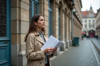 Femme tenant une grille de mots croisés devant une façade belge Art Nouveau à Bruges