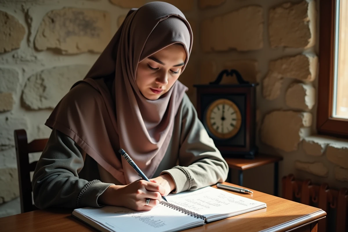 Jeune femme prenant des notes dans un planner à la maison