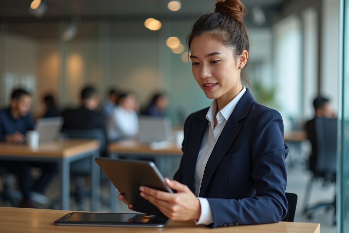 Jeune femme en costume utilisant une tablette pour ses investissements