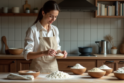 Jeune femme mesurant de la farine de riz dans la cuisine