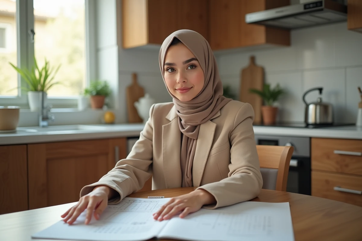 Jeune femme maghrebinne notant prière dans sa cuisine