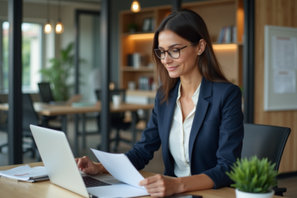 Femme confiante en bureau moderne avec documents