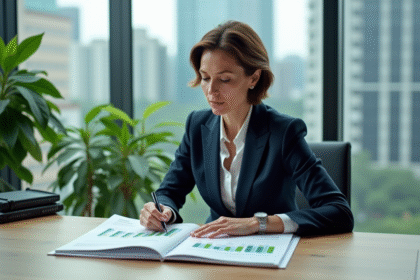 Femme en costume bleu examinant un rapport environnemental