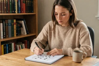 Femme concentrée résolvant un mot de passe CodyCross dans un carnet de mots croisés à son bureau à domicile