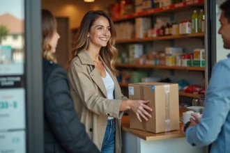 Femme souriante déposant un colis au comptoir Mondial Relay