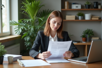 Femme d'affaires examine des documents de prêt dans un bureau moderne