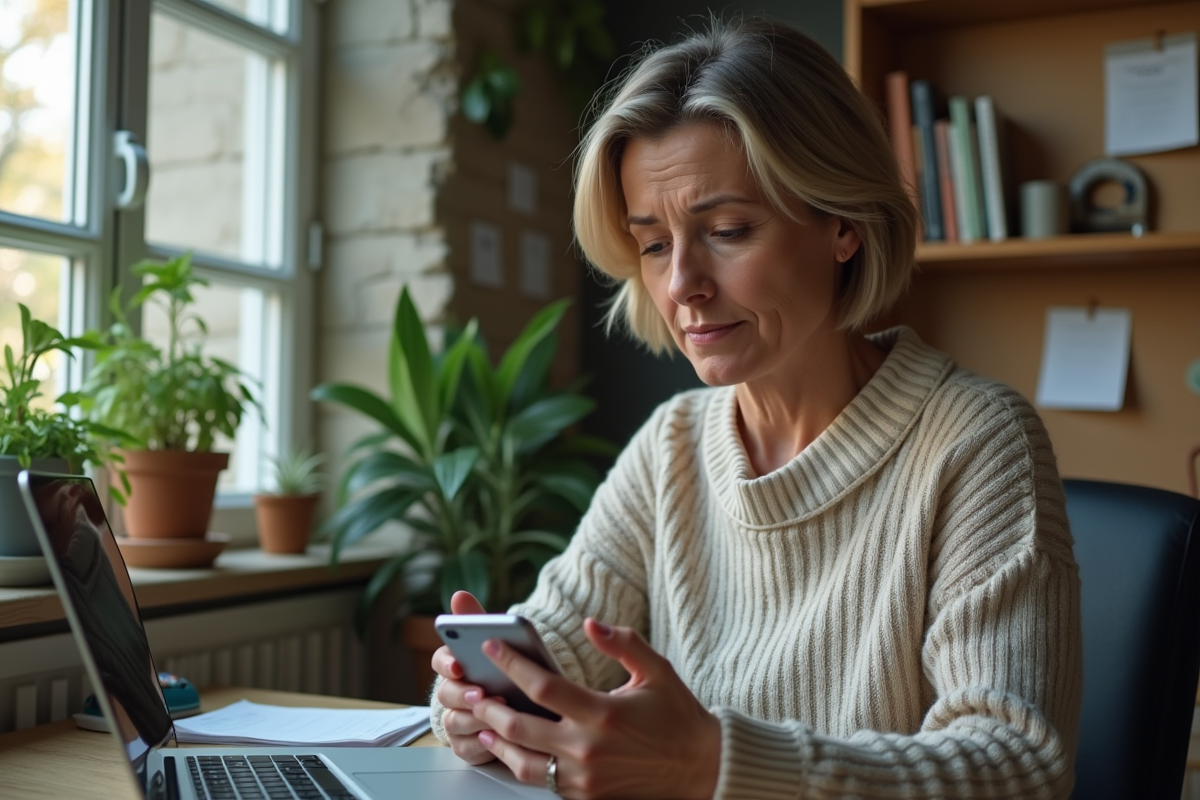 Femme regardant son smartphone avec portefeuille blockchain vide