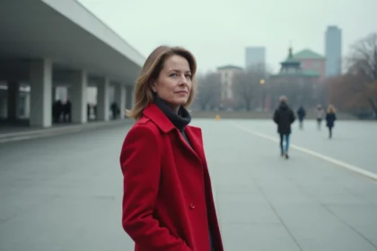 Femme solitaire et confiante portant un manteau rouge vif dans une place urbaine grise, symbole de singularité et de force intérieure