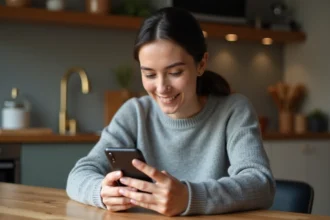 Femme consultant un sondage WhatsApp sur son smartphone à une table en bois dans une cuisine moderne