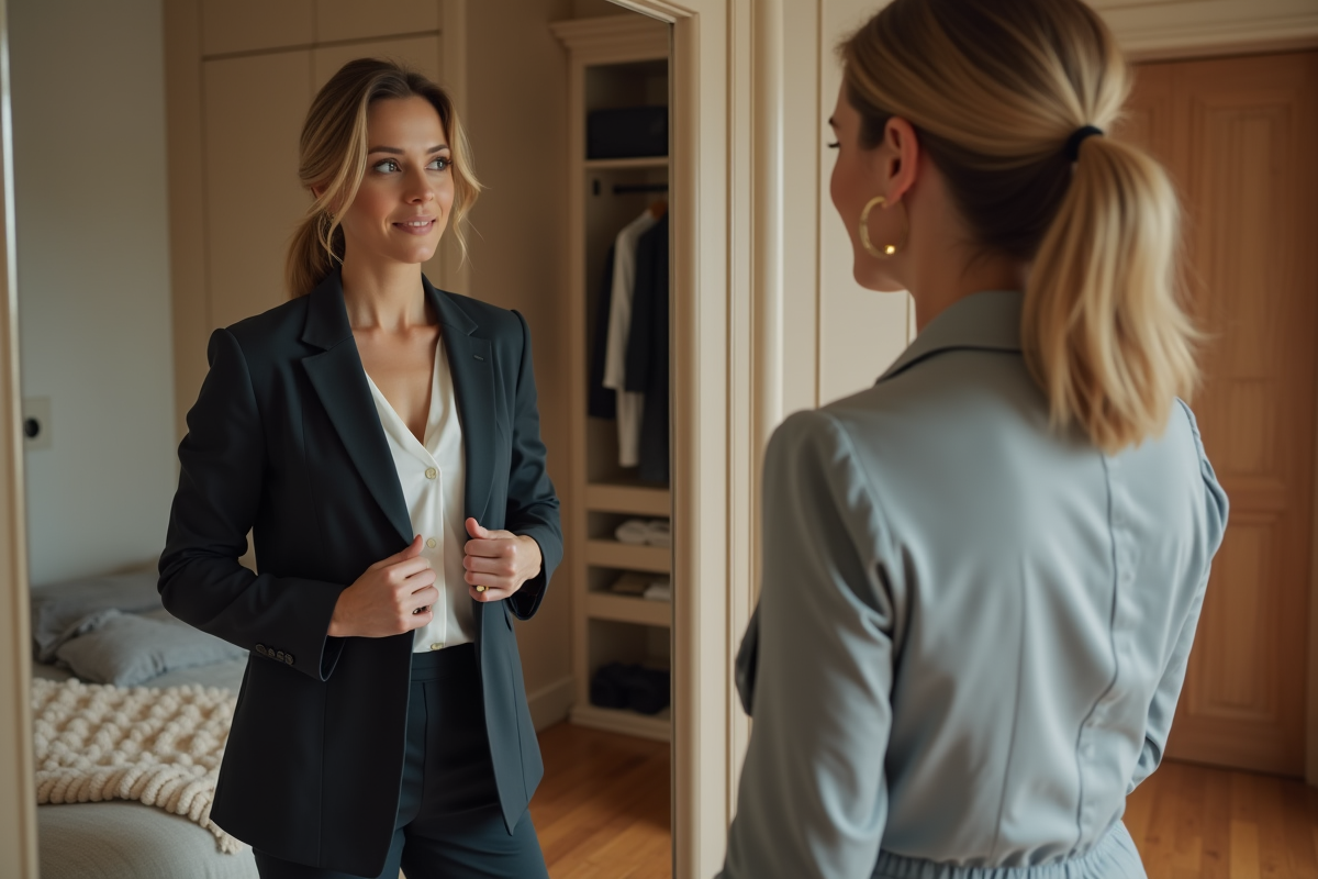 Femme élégante ajustant un blazer dans un miroir