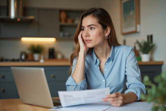 Jeune femme d'affaires examine des papiers dans sa cuisine