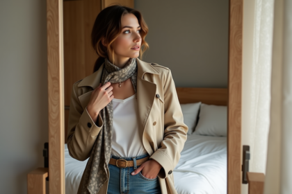 Femme élégante ajustant un foulard en satin dans une chambre lumineuse