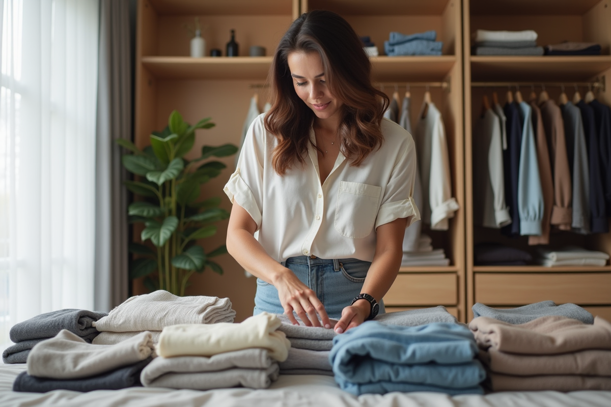 Femme en train de trier des vêtements dans une chambre lumineuse