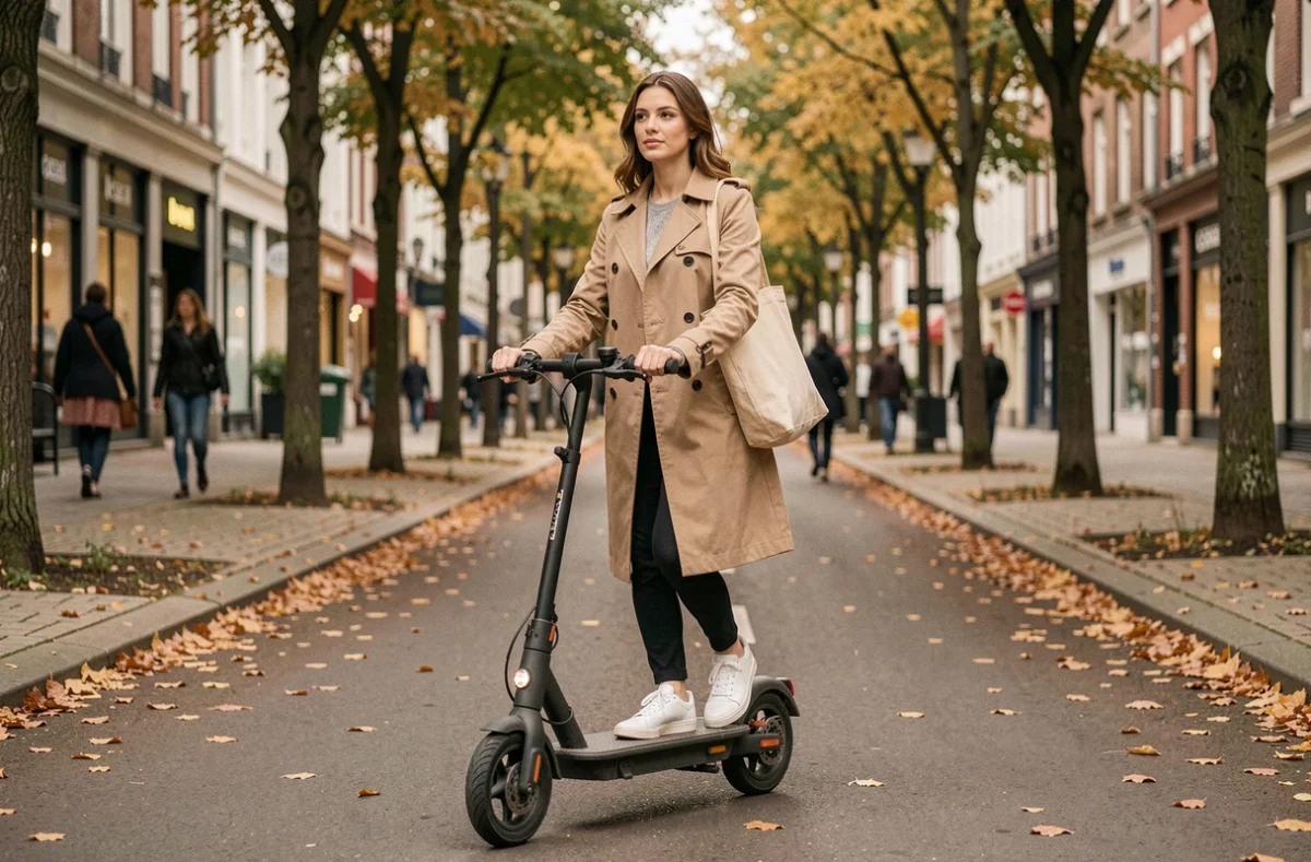 Femme circulant à trottinette électrique d'occasion sur une piste cyclable en ville entourée d'arbres en automne
