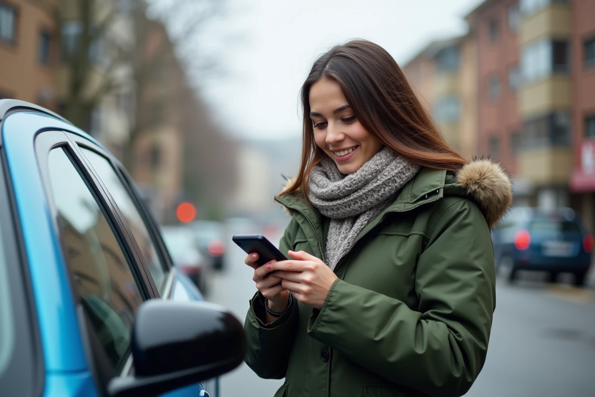 Jeune femme vérifie une application de covoiturage en ville