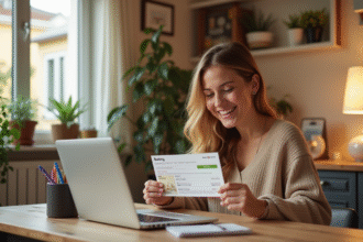 Jeune femme souriante avec chèque vacances et ordinateur pour réserver un séjour