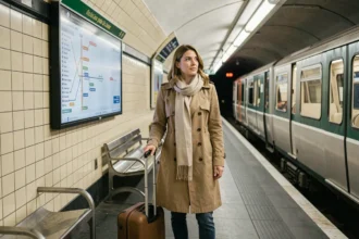 Femme avec valise sur le quai de la ligne 9 du métro parisien, illustration hôtel proche du métro Paris