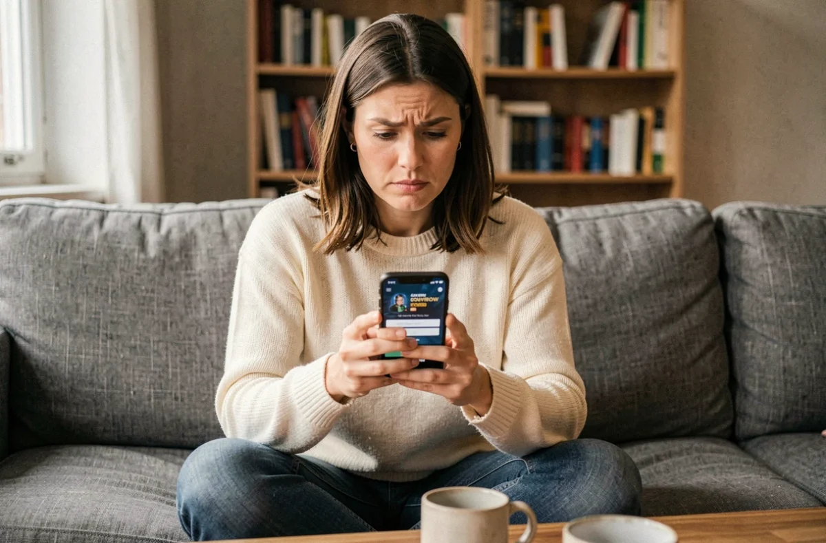 Femme vérifiant la validité d'un code promo sur smartphone dans un salon cosy