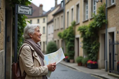 Femme avec carte devant rue Lilas dans quartier calme