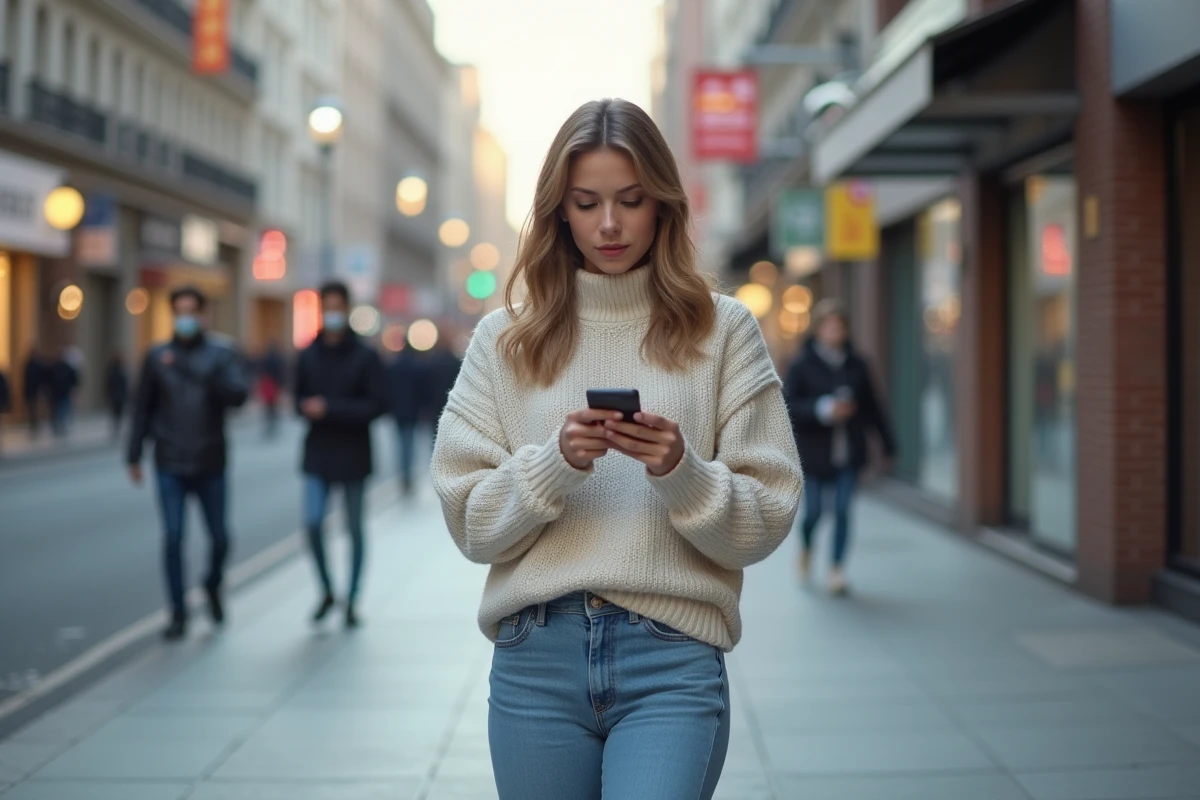 Jeune femme dans la rue regardant son téléphone avec réflexion