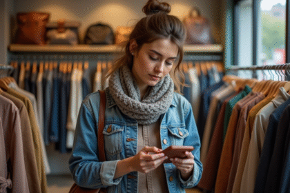 Femme en vintage denim examine un sac dans une boutique