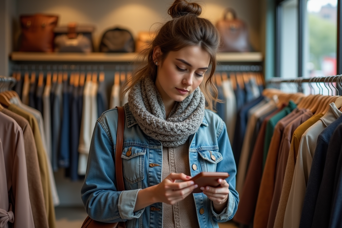 Femme en vintage denim examine un sac dans une boutique