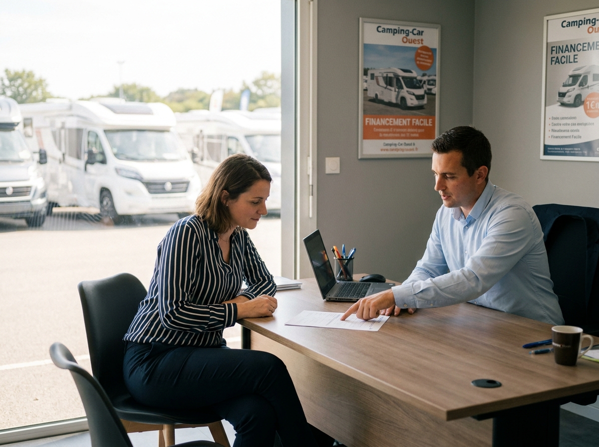 Femme en train de signer un financement pour l'achat d'un camping-car dans une concession à Rennes