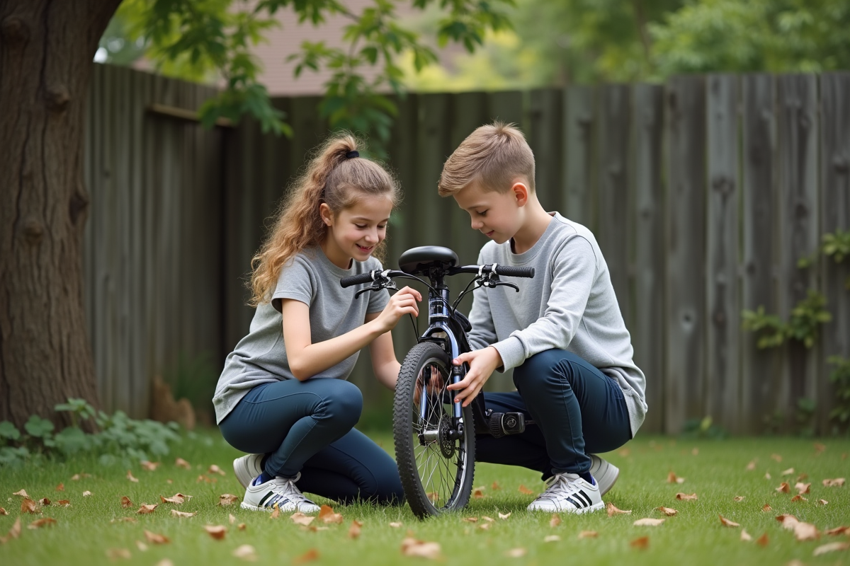 Adolescent et demi-frere réparant un vélo dans le jardin