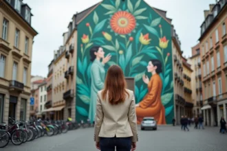 Femme admirant une grande fresque murale colorée sur un immeuble du quartier Croix-Rousse à Lyon