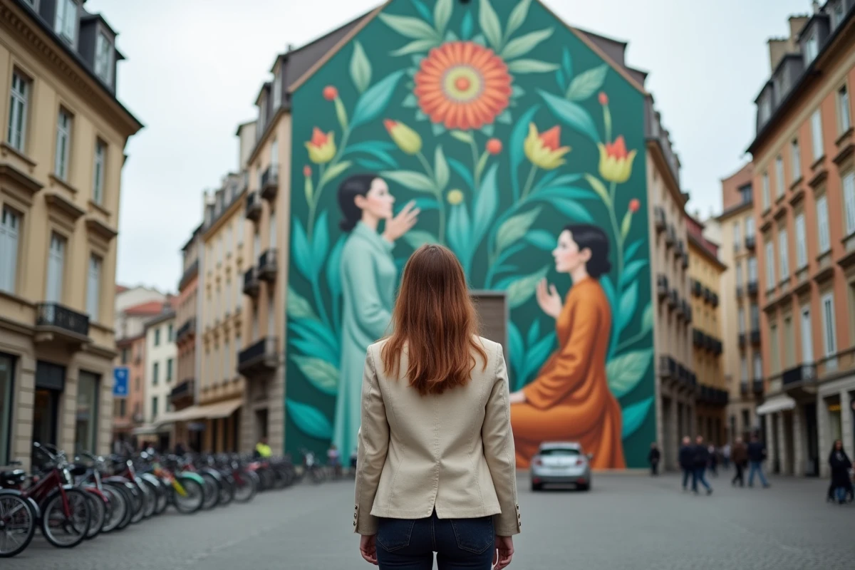 Femme admirant une grande fresque murale colorée sur un immeuble du quartier Croix-Rousse à Lyon