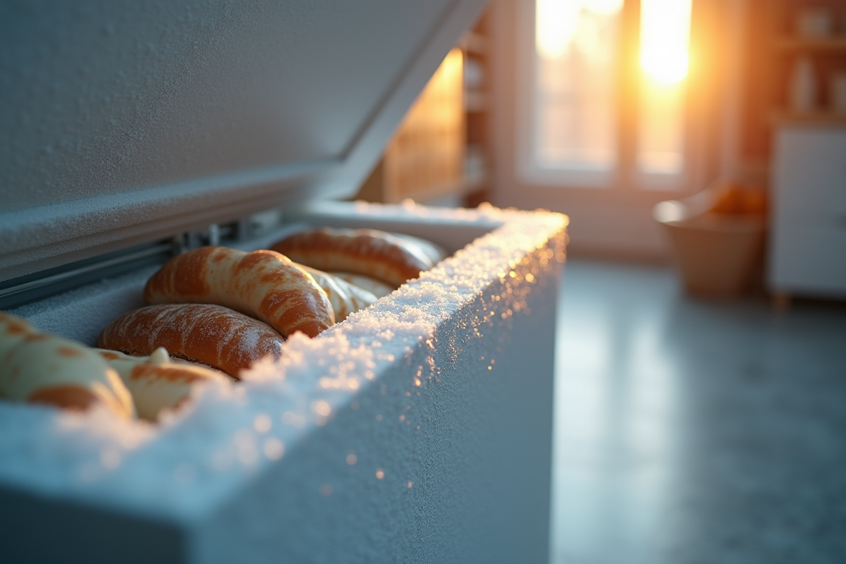 Gros plan sur un congélateur avec givre et aliments à l