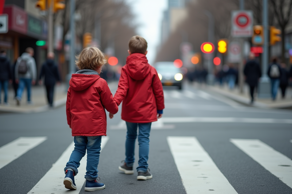 Garçon de six ans dans une rue urbaine sécurisée