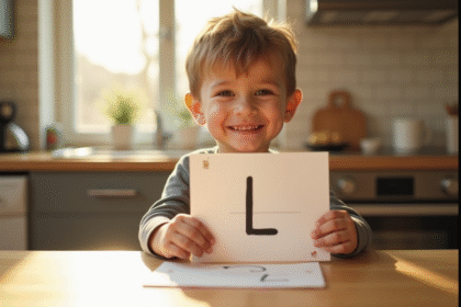 Jeune garçon souriant tenant une carte avec la lettre L