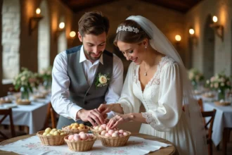Dragées colorées présentées dans un élégant contenant pour mariage en Bretagne