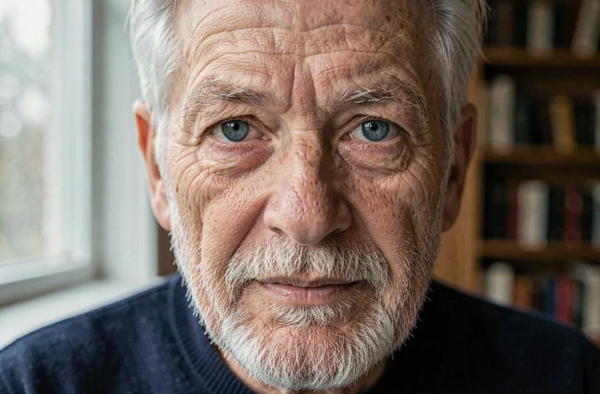 Portrait macro en gros plan des yeux bleus d'un homme âgé aux cheveux argentés, mettant en valeur la rareté et la beauté de la pigmentation bleue des iris