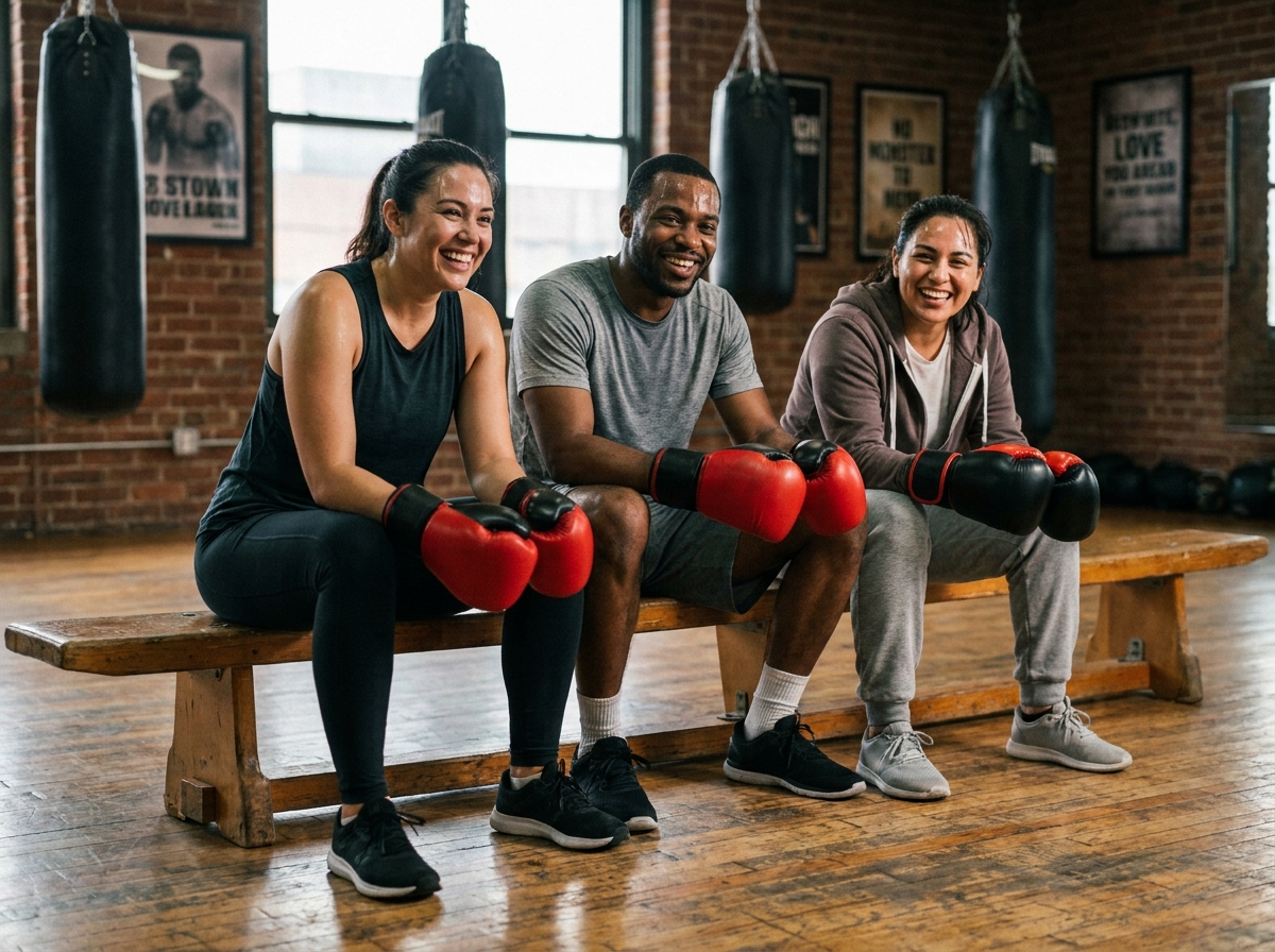Groupe d'adultes de plus de 30 ans souriant après un cours de boxe encadrée dans une salle de sport